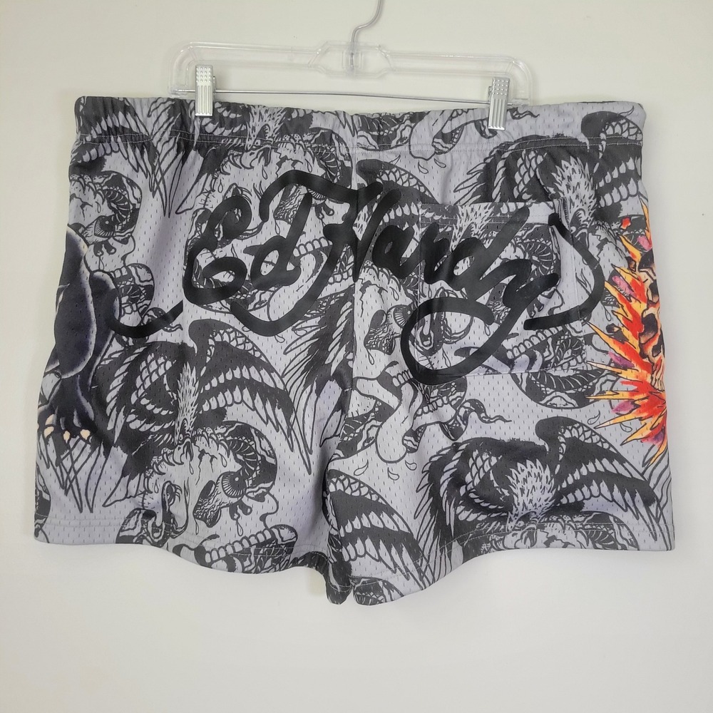 Ed Hardy Mens Mesh Basketball Shorts XXL Grey Acid TattooPrint Panther/Skull Y2k